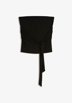 Top corto nero senza spalline con nodo frontale e dettaglio di lunga fascetta che pende al centro.