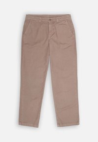 Pantalon en coton beige avec une coupe droite, doté de deux poches avant et d'une braguette zippée. Le tissu a une texture lisse.
