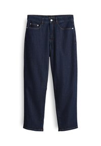 Donkerblauwe denim jeans met een rechte pasvorm, voorzien van koperen stiksels, twee voorzakken en een enkel knoopsluiting bij de tailleband.