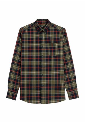 Koszula w kratę w ciemnozielonym, czarnym i czerwonym kolorze. Model zapinany na guziki z długim rękawem, pojedynczą kieszonką na piersi i standardowym kołnierzykiem. Miękka tekstura materiału.