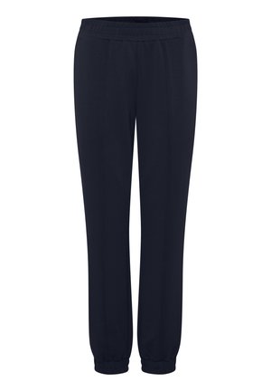 Marine joggebukser laget av mykt stoff, med elastisk midje, smale mansjetter og to frontfolder for en avslappet passform.