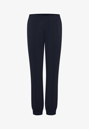 Pantalones jogger en color navy hechos de tela suave, con una cintura elástica, puños ajustados y pliegues frontales dobles para un ajuste relajado.