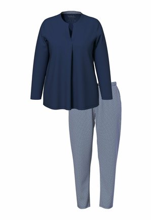 Navy long-sleeve top with a V-neck and pleat detail, paired with patterned light blue pants featuring a diamond print.