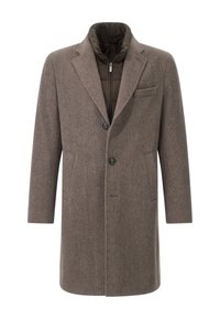 Cappotto in lana a spina di pesce marrone con vestibilità su misura, due bottoni e un rivestimento imbottito rimovibile. Presenta tasche laterali e una tasca sul petto.