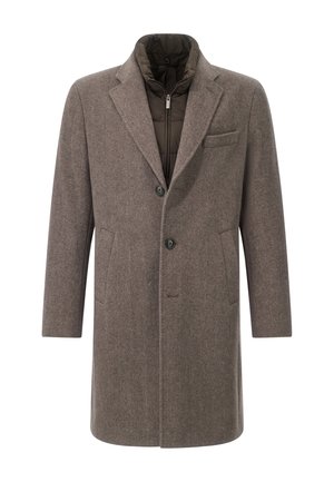 Bruin visgraat wollen jas met een getailleerde pasvorm, twee knopen en een afneembare gewatteerde voering. Kenmerkt zich door zijzakken en een borstzak.