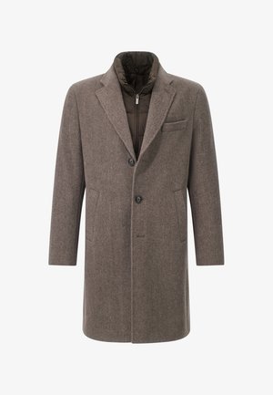 Cappotto in lana a spina di pesce marrone con vestibilità su misura, due bottoni e un rivestimento imbottito rimovibile. Presenta tasche laterali e una tasca sul petto.