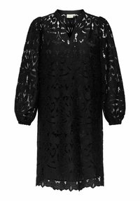 Crna čipkasta haljina s dugim puf rukavima, koja sadrži složene cvjetne uzorke i V-izrez. Iznimno oblikovan rub dodaje detalj dizajnu.
