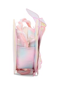 Pochette pastello rosa e blu con texture scintillante, dotata di chiusura con zip e spalline rosa, abbellita da ali traslucide sui bordi.