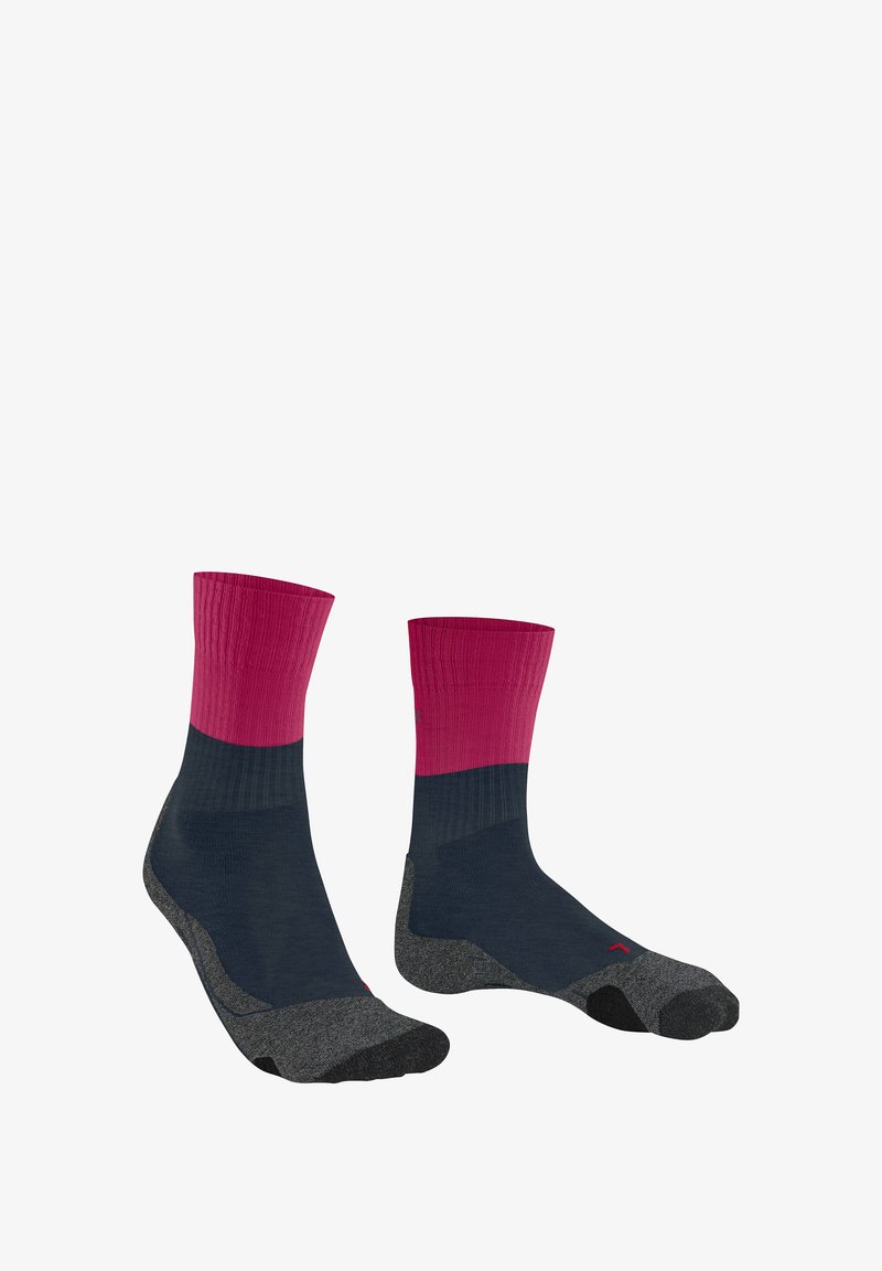 Paire de chaussettes mi-longues avec pieds gris foncé et jambes bleu marine, surmontées de bordures rose vif.