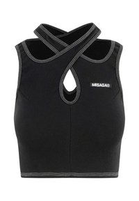 Zwarte geribbelde crop top met een unieke gekruiste halslijn, sleutelgatuitsnijding en witte stiksels. Merkenlabel zichtbaar aan de voorkant.