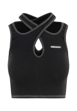 Czarny prążkowany top crop z unikalnym dekoltem krzyżowym, wycięciem w kształcie klucza oraz białymi detalami szwów. Widoczna metka marki z przodu.