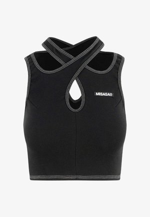 Czarny prążkowany top crop z unikalnym dekoltem krzyżowym, wycięciem w kształcie klucza oraz białymi detalami szwów. Widoczna metka marki z przodu.