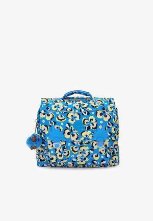 Blauer Blumenrucksack mit gelben und schwarzen Akzenten, ausgestattet mit einem oberen Griff, doppelt vorderen Riemen und einem blauen Gorilla-Anhänger. Texturiertes Material.