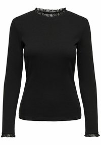 Svart långärmad topp med ribbad textur och spetskantade rundhalsning och ärmslut, med en figurnära design.
