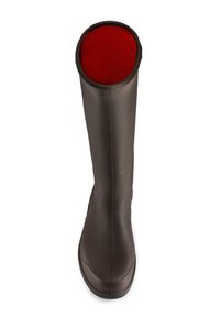Brown rubber knee-high boot with a smooth texture, a rounded toe, and a red fabric lining at the top opening. No visible hardware or accents.