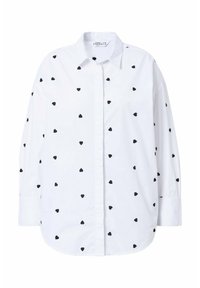 Witte button-up shirt met zwarte hartpatronen, lange mouwen en een klassieke kraag; zachte stof met een ontspannen pasvorm.