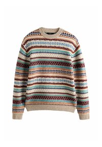 Rundhals-Pullover mit mehrfarbigen horizontalen geometrischen Mustern in Beige, Braun, Blau, Türkis und Orange auf einem Strickstoff.