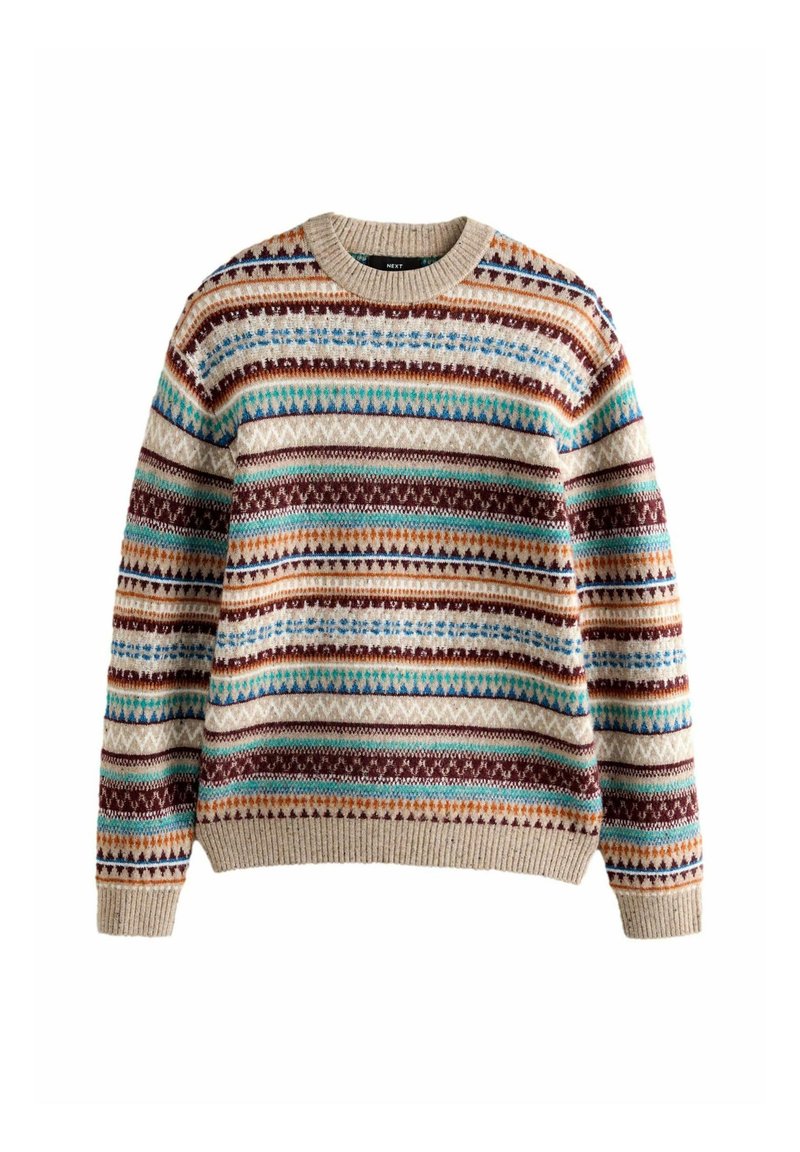 Rundhals-Pullover mit mehrfarbigen horizontalen geometrischen Mustern in Beige, Braun, Blau, Türkis und Orange auf einem Strickstoff.