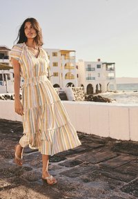 Next FLUTTER SLEEVE TIE NECK ELASTICATED WAIST TIERED MIDI - Vardagsklänning - off white and blue stripe