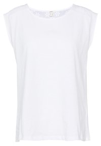 Top blanco de manga corta hecho de algodón, con un escote redondeado y detalle de encaje floral en los hombros. Corte relajado, textura suave.