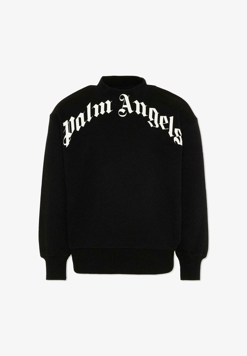 Sweat-shirt noir avec "Palm Angels" en grandes lettres gothiques blanches courbées sur la poitrine, doté de manches longues et d'un col haut.
