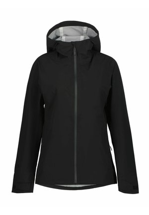 Sort vandtæt jakke med hætte, lynlås foran og lange ærmer, designet til udendørs vejrbeskyttelse.