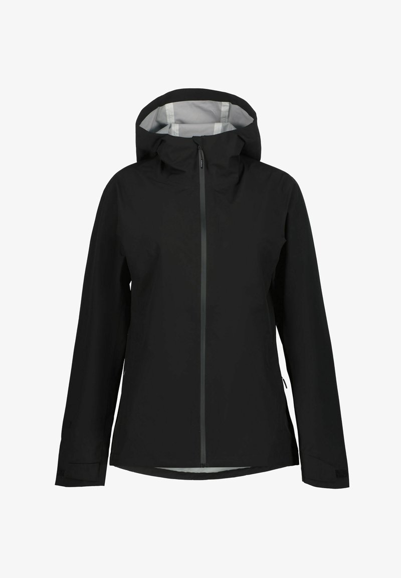 Schwarze wasserdichte Jacke mit Kapuze, Frontreißverschluss und langen Ärmeln, entworfen für den Schutz bei Outdoor-Wetter.