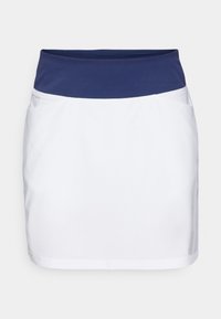 White skirt with a navy blue elastic waistband, featuring a smooth texture and a minimalist design. Side pockets included.