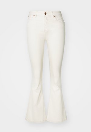 Witte flared jeans van denim, met vijf zakken, een ritssluiting met een bronzen knoop en dubbeldelige stiksels op de naden.