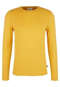 Pull à manches longues à col rond de couleur jaune moutarde unie, avec une coupe ajustée et une texture en maille lisse.