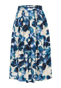 Gonna midi floreale con pieghe, caratterizzata da uno sfondo crema e da audaci motivi floreali blu e navy. Realizzata in tessuto leggero.