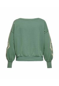 Felpa verde in cotone con vestibilità comoda, maniche a palloncino e dettagli di motivo intricati sulle maniche. Orlo e scollo a coste.