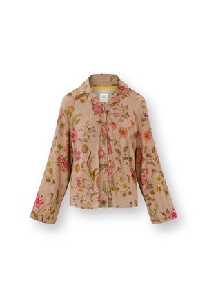 Floral-patterned blouse in light brown linen, featuring bright embroidered flowers in pink, yellow, and green. Loose fit and button closure.