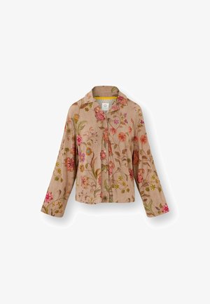 Floral-patterned blouse in light brown linen, featuring bright embroidered flowers in pink, yellow, and green. Loose fit and button closure.