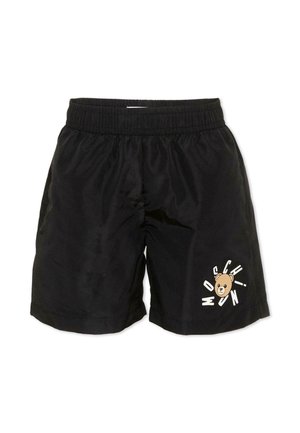 Pantaloncini con vita elasticizzata neri con una piccola faccia di orsetto e la scritta "Moschino" sul lato inferiore della gamba sinistra.