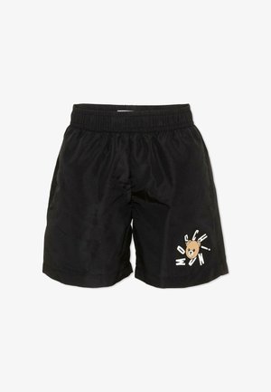 Pantaloncini con vita elasticizzata neri con una piccola faccia di orsetto e la scritta "Moschino" sul lato inferiore della gamba sinistra.