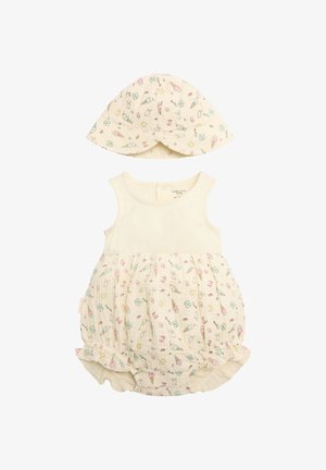 Pelele de bebé color crema y sombrero de sol a juego, ambos con estampados en tonos pastel de helados y caramelos.