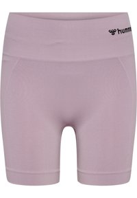 Pantaloni sportivi di colore viola chiaro con vita a coste, texture liscia e tasche laterali a fessura. Logo Hummel stampato in nero sulla vita.