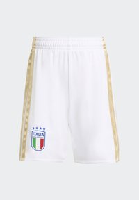 Biele šortky so zlatými bočnými pruhmi, elastickým pásom a vyšívaným logom Italia FIGC v modrých, zelených a červených akcentoch.