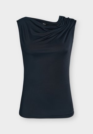 Top noir sans manches pour femme avec un col asymétrique et des détails subtils drapés sur un côté, étiqueté BOSS.