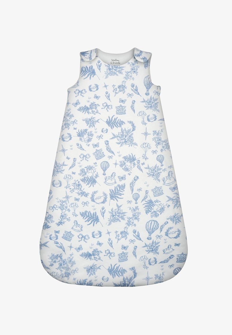 Sacco nanna bianco senza maniche per bambini con schizzi blu di fiori, felci, farfalle, mongolfiere, cavalli a dondolo e corone.