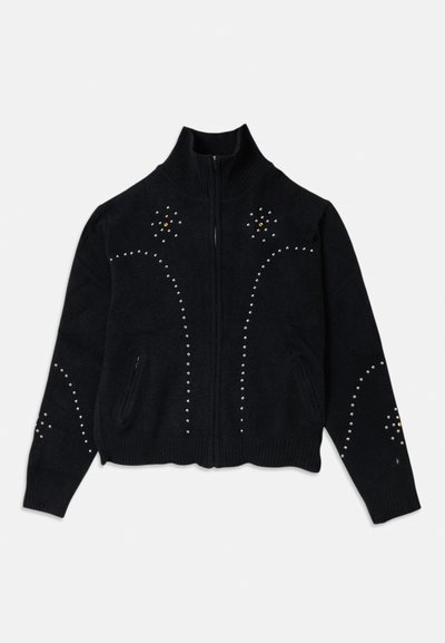 Μαύρο πλεκτό πουλόβερ με ψηλό γιακά, πλήρη φερμουάρ και διακοσμητικές ορθοστάτες τοποθετημένες σε ανθισμένα μοτίβα στο μπροστινό μέρος και τα μανίκια.