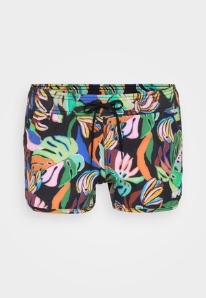 Pantaloni da bagno multicolori con un motivo di foglie tropicali su sfondo nero, con vita regolabile e tessuto leggero.