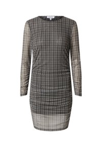 Schwarz-beige kariertes Kleid mit rundem Ausschnitt, langen Ärmeln und gerafften Details, das eine transparente Textur und eine figurbetonte Passform aufweist.