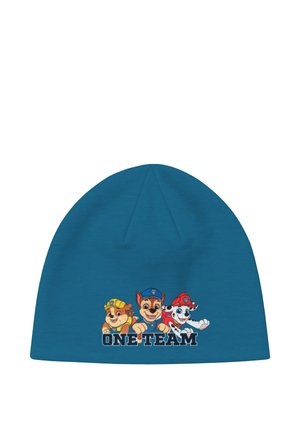 Blue beanie with three cartoon dogs wearing construction, police, and firefighter hats above the text "ONE TEAM" on the front.