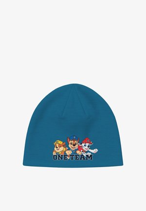 Blue beanie with three cartoon dogs wearing construction, police, and firefighter hats above the text "ONE TEAM" on the front.