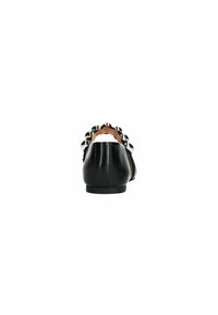 Black leather ballet flats with a low heel, featuring a cut-out design at the back and decorative metallic studs on the upper.