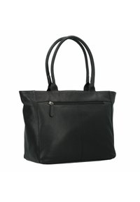 Schwarze Leder-Tote-Bag mit zwei Griffen, einem Reißverschluss-Frontfach, strukturiertem Oberflächen und einer festen Form. Ideal für den täglichen Gebrauch.