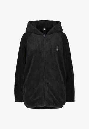 Schwarze Fleecejacke mit Reißverschluss, Kapuze, langen Ärmeln und einem kleinen rechteckigen Logoaufnäher auf der linken Brust.