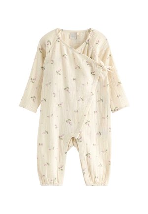 Kermanvärinen vauvan body, jossa pitkät hihat, pieni vaaleanpunainen ja vihreä kukkakuvio, kietaisumallinen etuosa ja solmittava kiinnitys rinnassa.